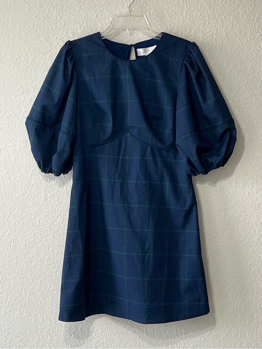 Corey Lynn Calter Puff-Sleeve Open Back Navy Plaid Mini Dress NWT Size Medium